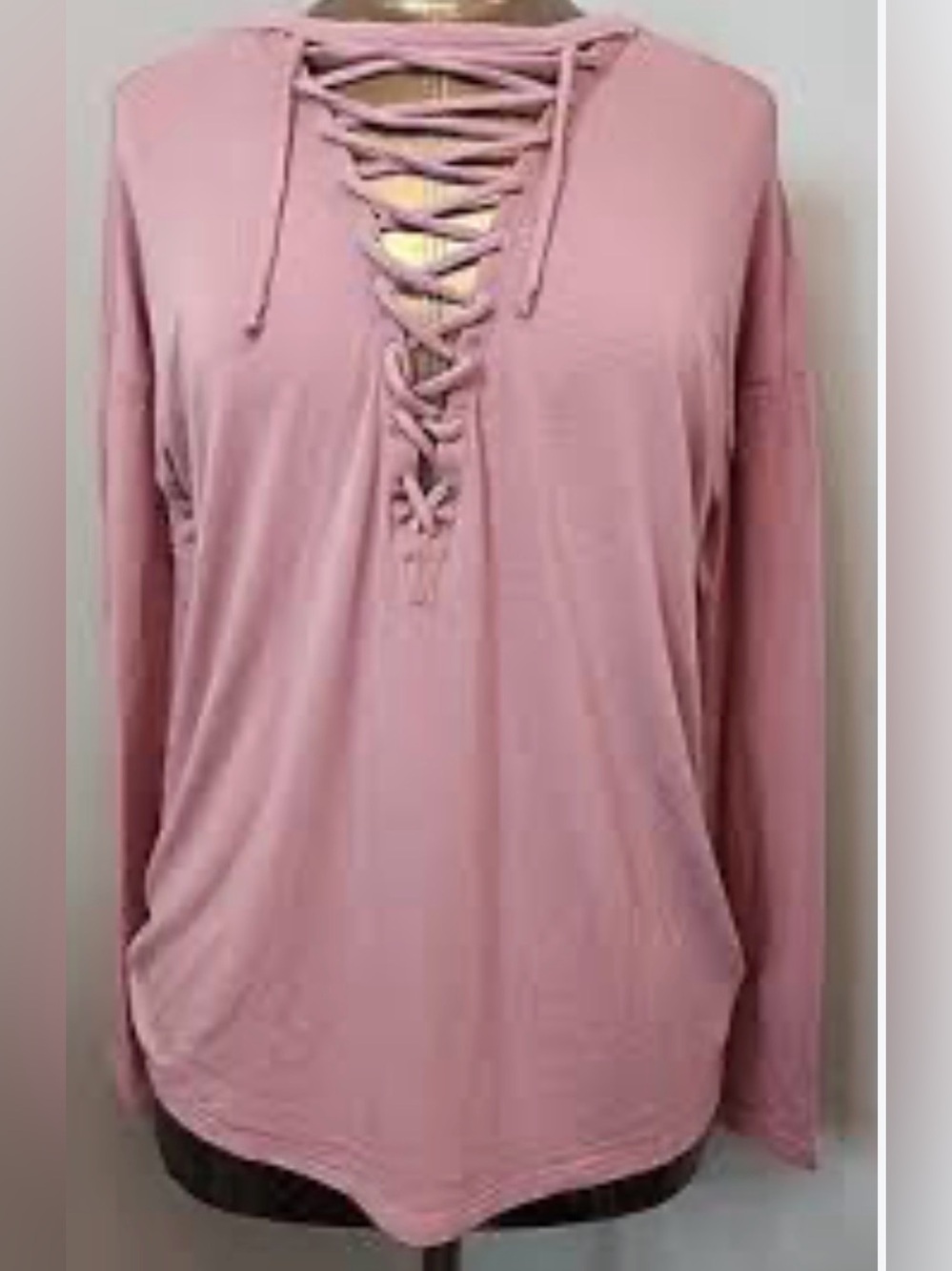 Express one Eleven Lace-Up V-Neck Long Sleeve Top - Dusty Pink M
